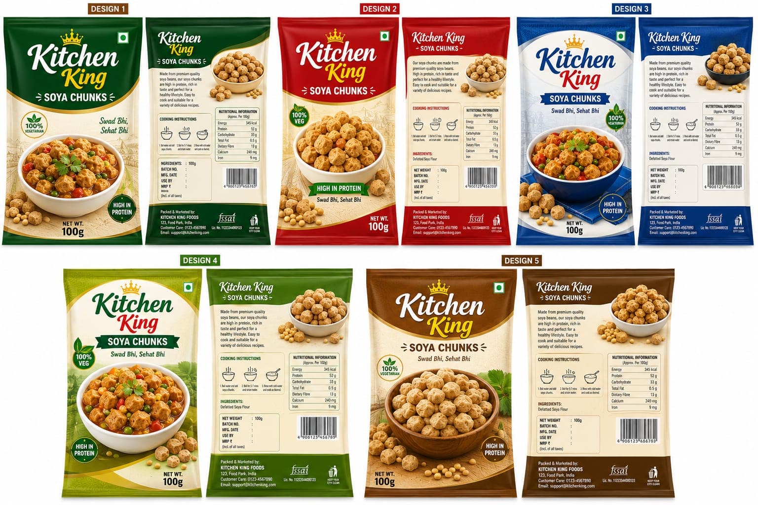 Kitchen King Soya Chunks — five design variants printed by Swastik Print showing full-colour accuracy