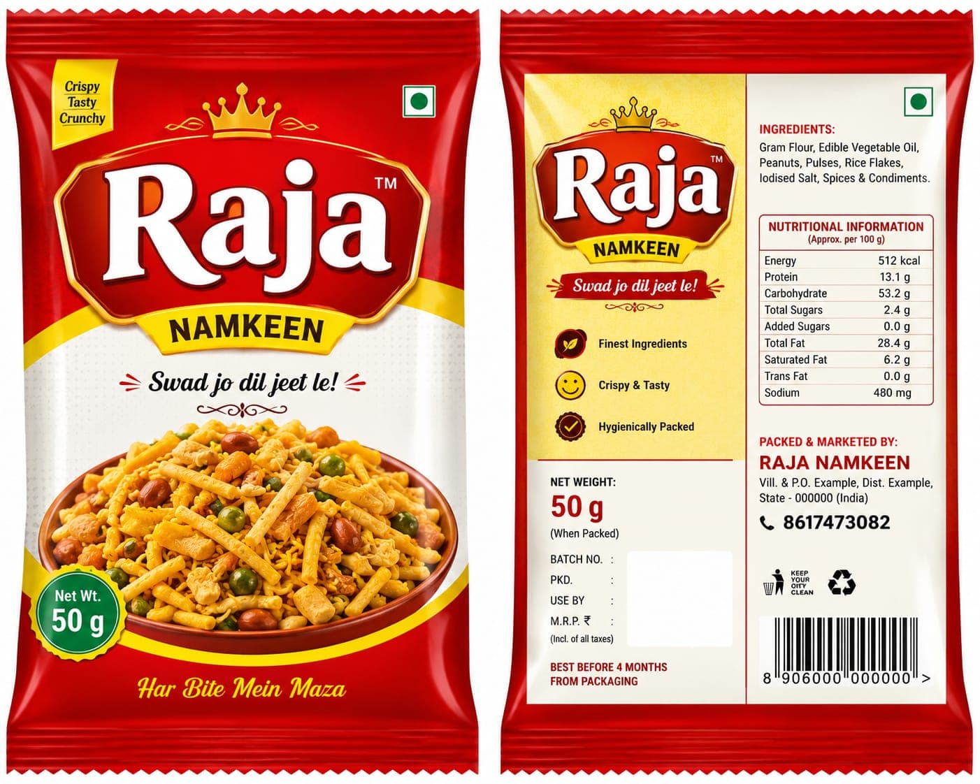 Raja Namkeen printed snack pouch, front and back