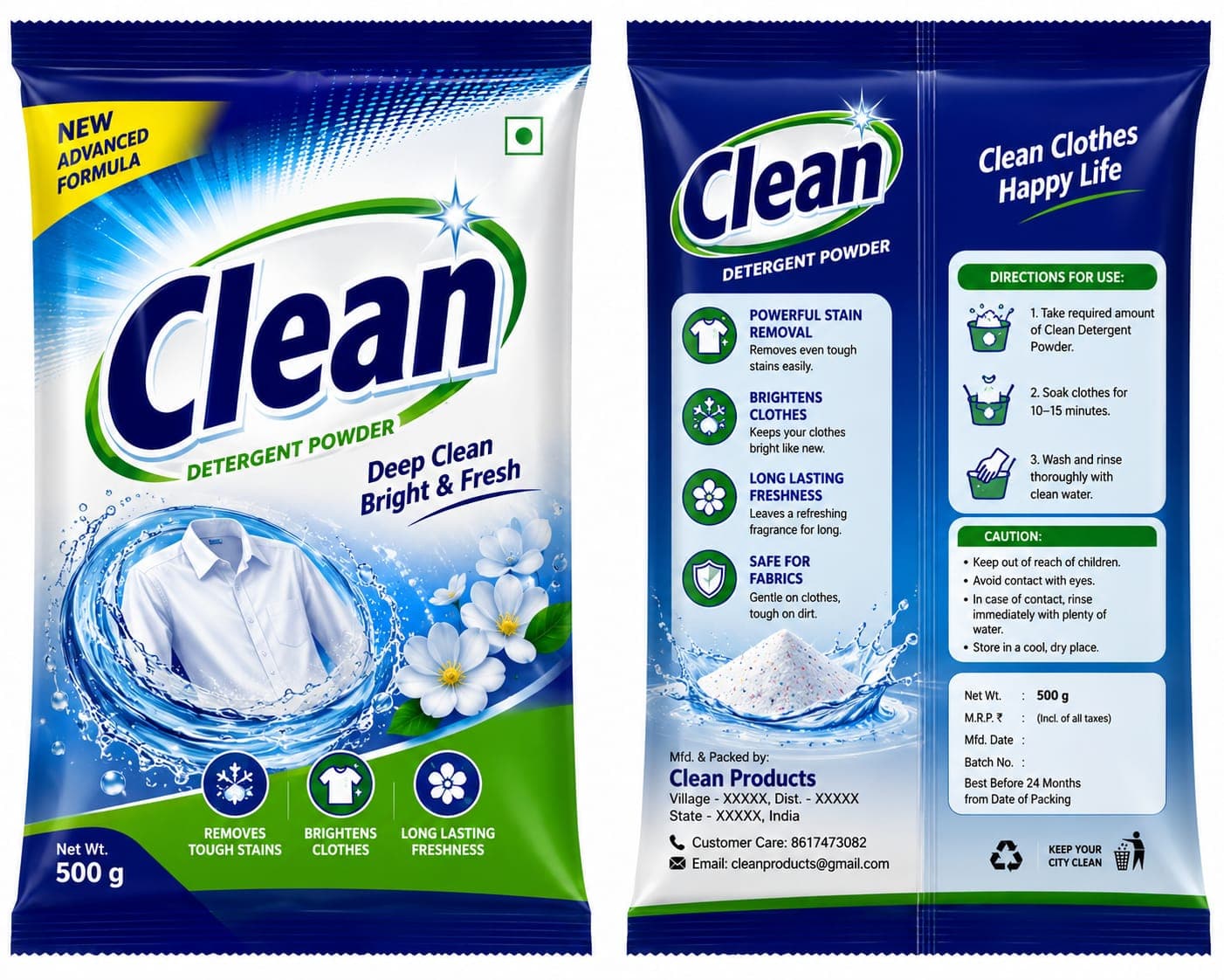 Clean detergent powder pouch, front and back