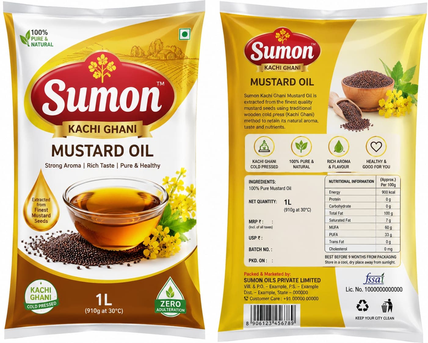 Sumon Kachi Ghani mustard oil one-litre pouch, front and back